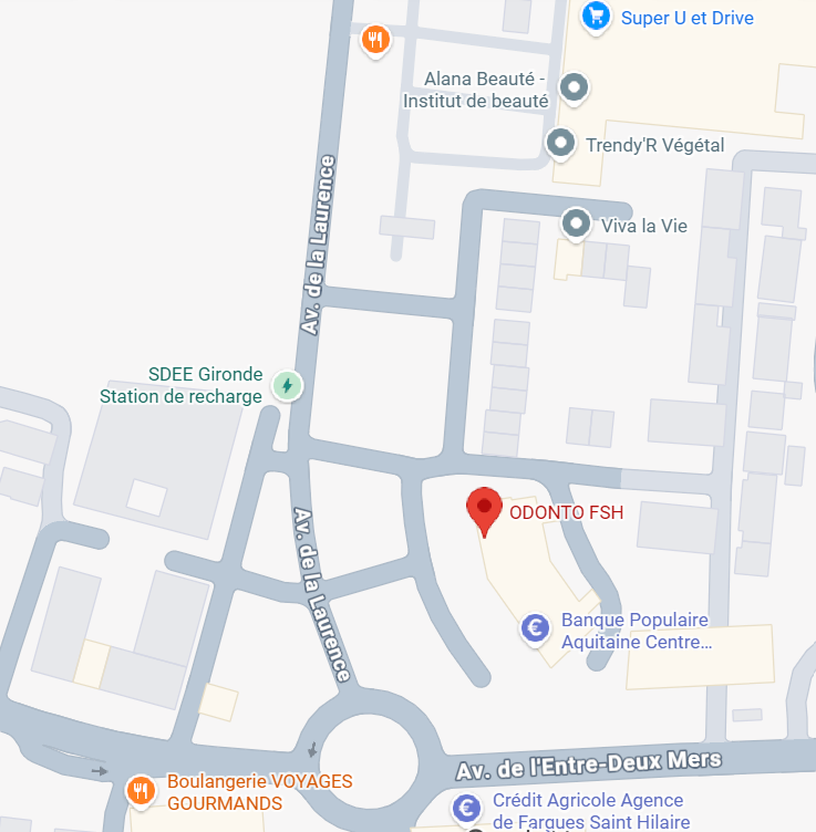 Plan du quartier : le cabinet Odonto FSH se trouve entre l'avenue de la Laurence et l'avenue de l'Entre-Deux-Mers, près du rond-point, à côté de la Banque Populaire